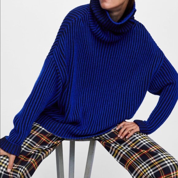 Zara Royal Blue and Black Ribbed Turtleneck Sweater - Picture 1 of 6